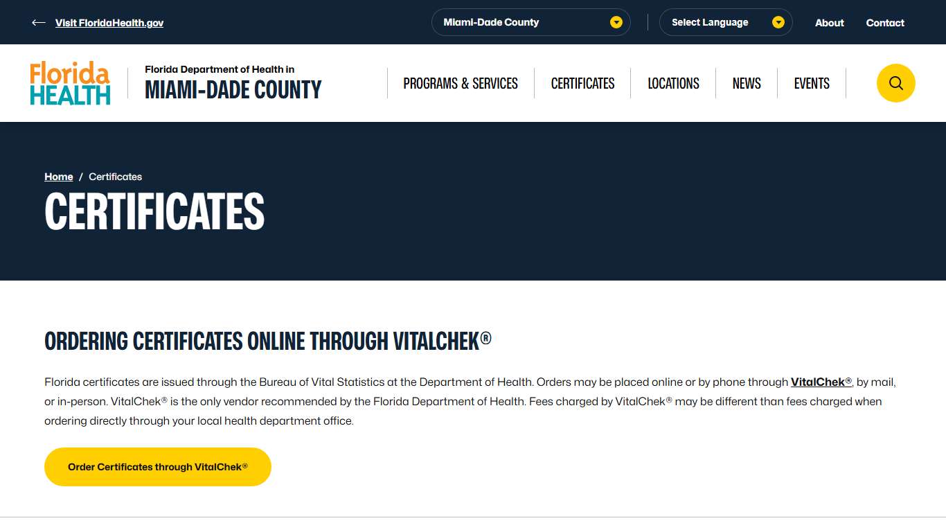 Certificates - Florida Department of Health in Miami-Dade County